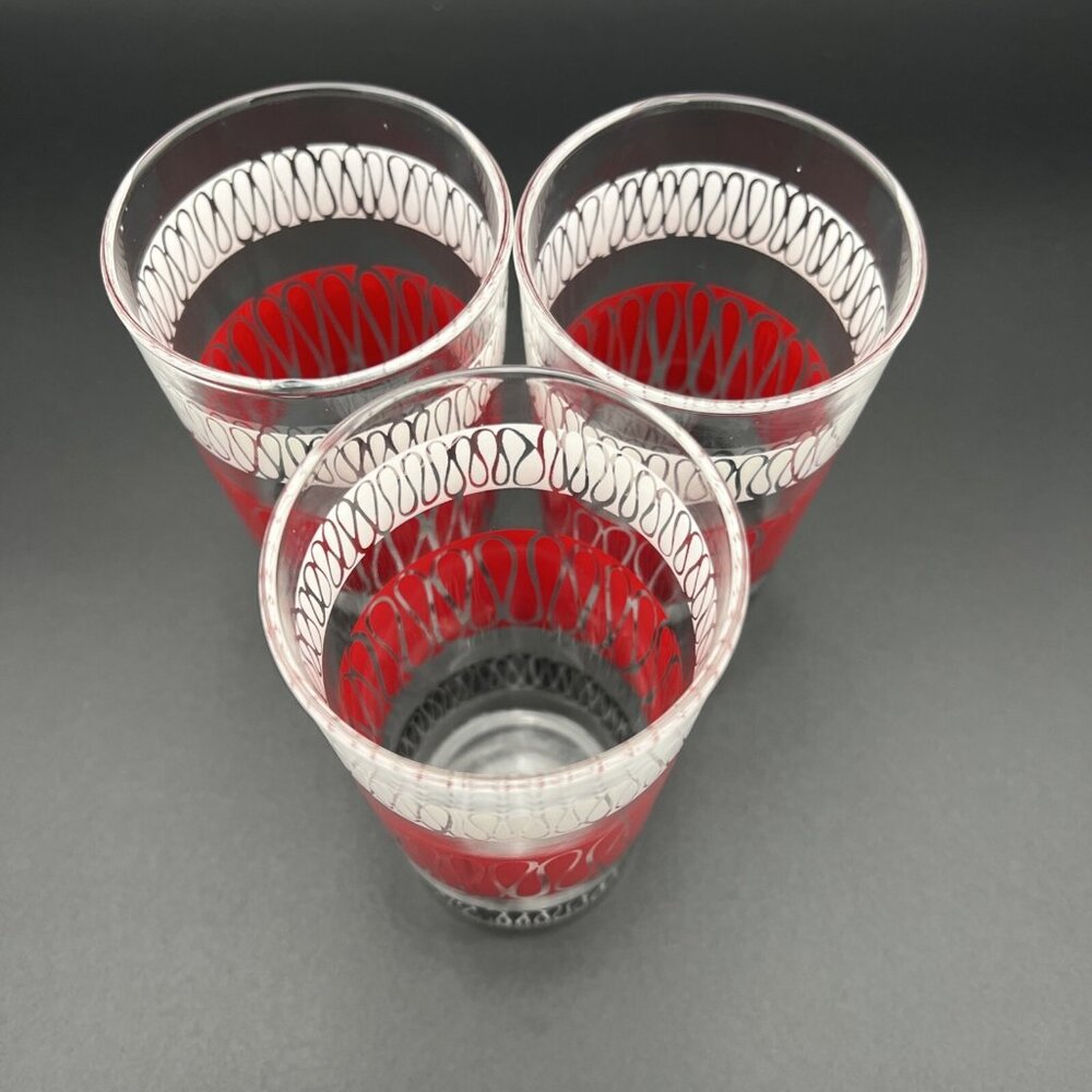 VTG MCM Anchor Hocking Set of 3 Glasses Red White Black Ribbon Squiggle 4 3/4" - Picture 5 of 8
